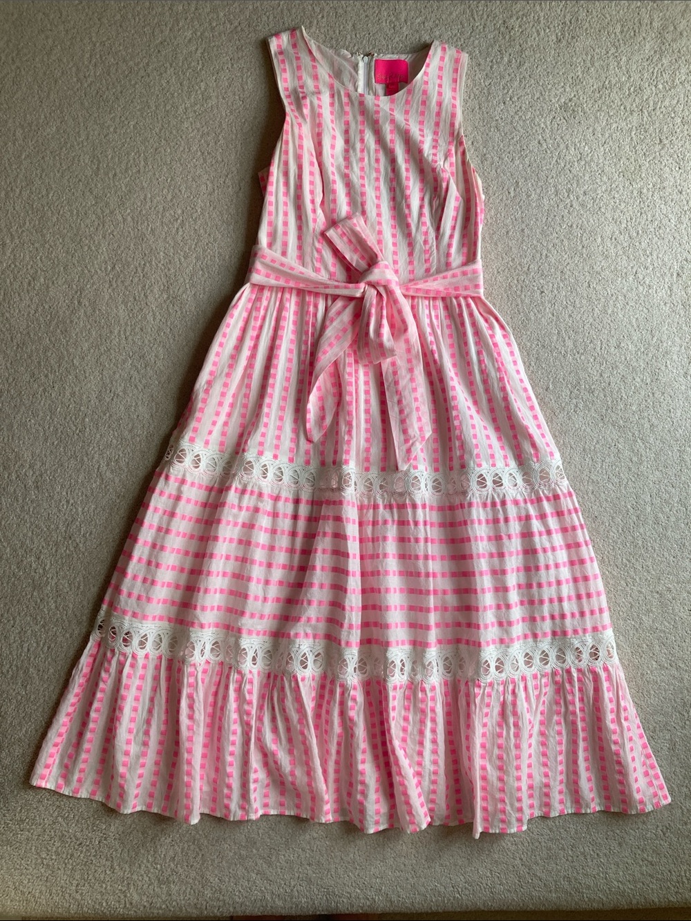 Lily Pulitzer maybella midi dress pink isle gingham stripe jacquard